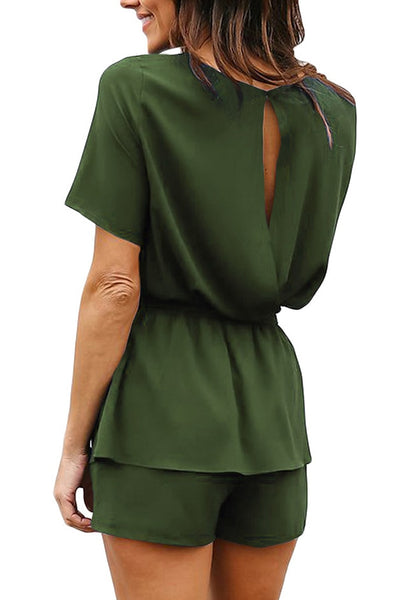 Back view of model wearing army green short sleeves keyhole-back belted romper