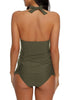 Back view of model wearing army green solid color halter tankini set