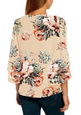 Women's V Neck Shirt Printed Top 3/4 Bell Sleeve Mesh Panel Blouse