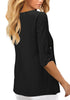 Back view of model wearing black V-neckline 34 cuffed sleeves button-up loose top