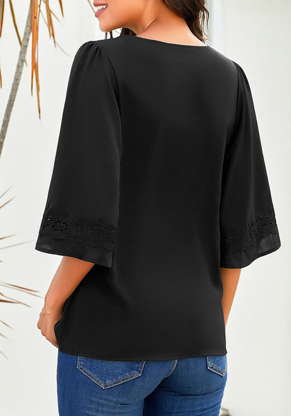 Back view of model wearing black V-neckline crochet lace trim sleeves loose blouse