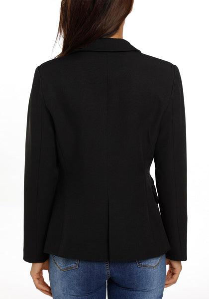 Back view of model wearing black back-slit notched lapel blazer