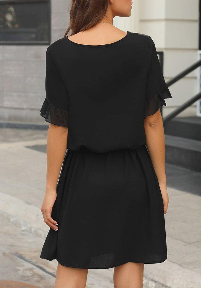 Black Drawstring Waist Ruffle Short Sleeves Mini Dress Lookbook