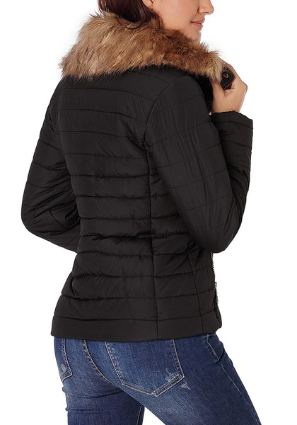 Back view of model wearing black faux fur collar zip up quilted jacket
