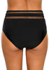Back view of model wearing black fishnet panel high-waist bikini bottom
