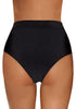 Back view of model wearing black fishnet panel pompom high-waist bikini bottom