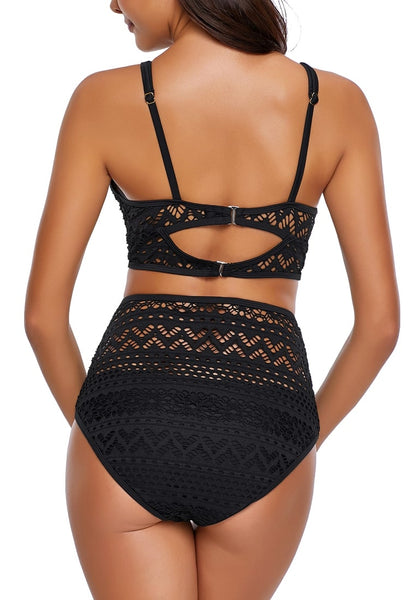 Back view of model wearing black lace crochet V-neckline high waist set