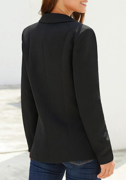 Back view of model wearing black lapel front-button side-pockets blazer