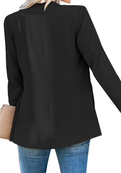 Back view of model wearing black open-front side pockets blazer