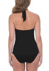 Back view of model wearing black solid color halter tankini set