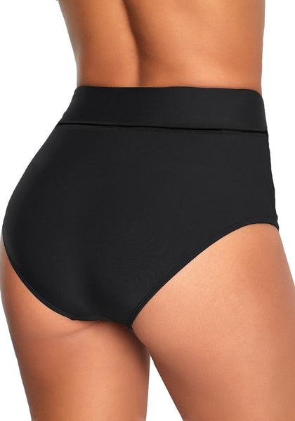 Back view of model wearing black surplice-waist ruched bikini bottom