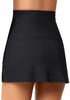 Back view of model wearing black tulip hem high waist ruched swim skirt