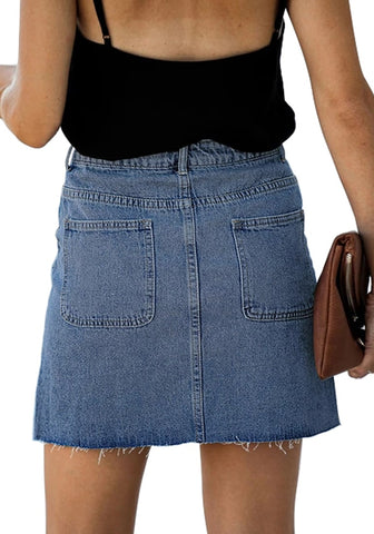 Back view of model wearing blue button-down denim mini skirt