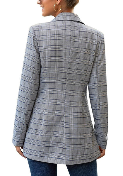 Back view of model wearing blue double-breasted flap pockets plaid lapel blazer