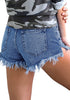 Back view of model wearing blue raw hem distressed high-waist buttons jeans shorts