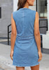 Back view of model wearing blue raw hem sleeveless button-down denim dress