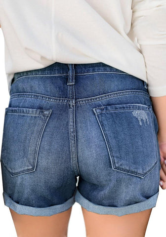 Women High Waisted Denim Shorts Ripped Button Fly Cuffed Jean Shorts