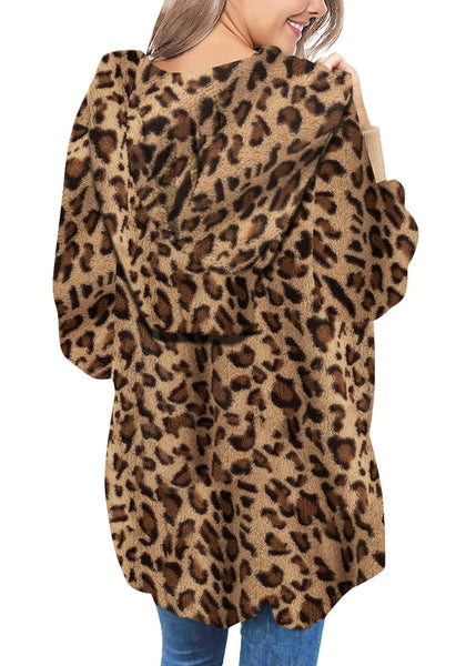 Back view of model wearing brown leopard-print snuggle fleece oversized hooded cardigan