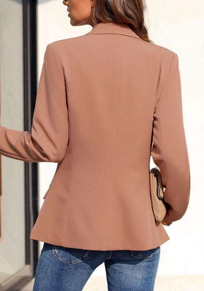 Back view of model wearing brown notch lapel striped lining double-breasted blazer