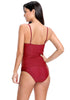 Back view of model wearing burgundy ruched tankini set