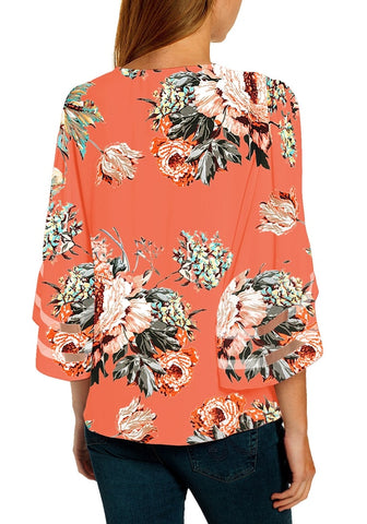 Floral Print Salmon Women's V Neck Shirt Printed Top 3/4 Bell Sleeve Mesh Panel Blouse