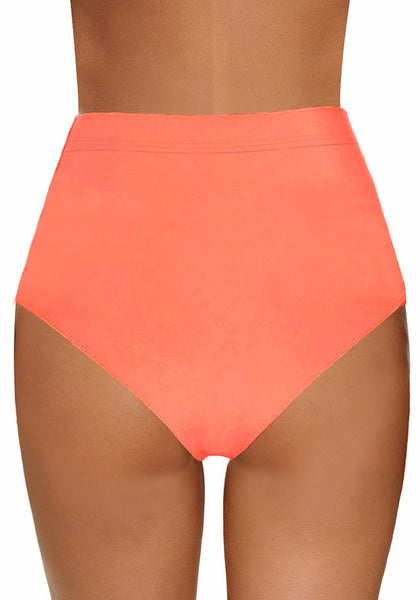 Back view of model wearing coral fishnet panel tassel high-waist bikini bottom