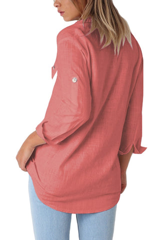 Coral Long Cuffed Sleeves Lapel Button-Up Blouse