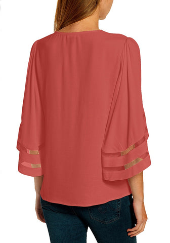 Tea Rose Women's V Neck Shirt Printed Top 3/4 Bell Sleeve Mesh Panel Blouse