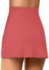 Back view of model wearing coral tulip hem high waist ruched swim skirt