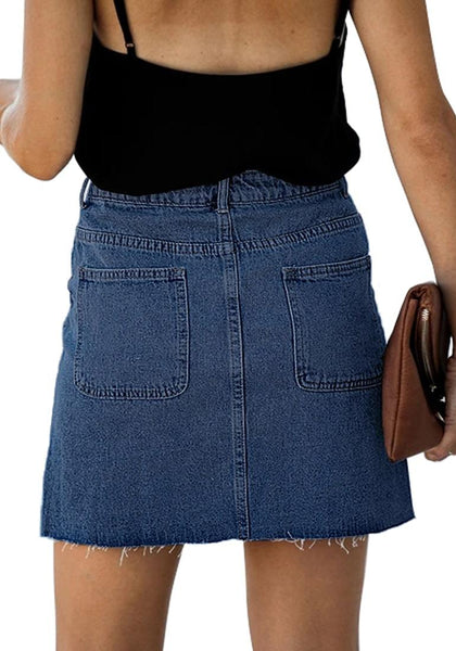 Back view of model wearing dark blue button-down denim mini skirt