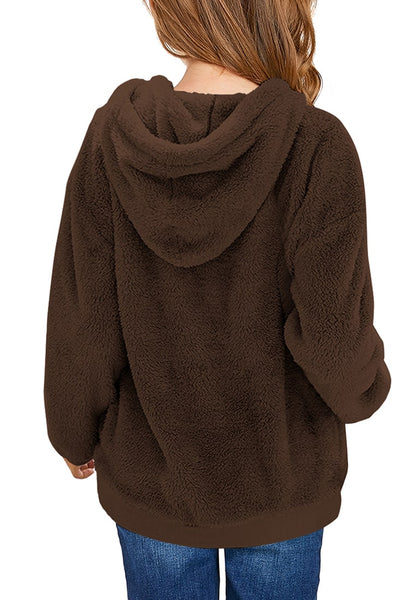 Back view of model wearing dark brown light grey fuzzy fleece hooded girl's sweater
