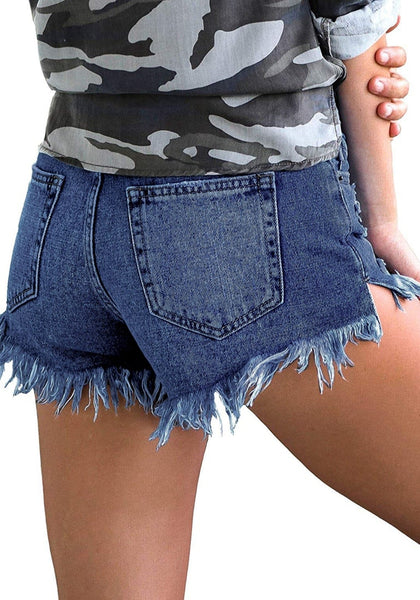 Back view of model wearing deep blue raw hem distressed high-waist buttons jeans shorts