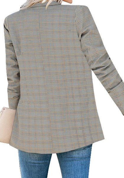Back view of model wearing grey open-front side pockets plaid blazer
