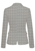 Back view of model wearing grey plaid back-slit notched lapel blazer's 3D image