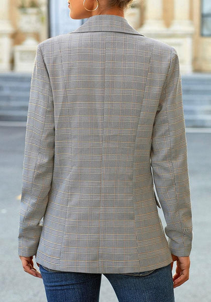 Back view of model wearing grey plaid lapel front-button side-pockets blazer