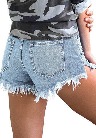 Women's Mid Rise Frayed Ripped Raw Hem Denim Jean Shorts