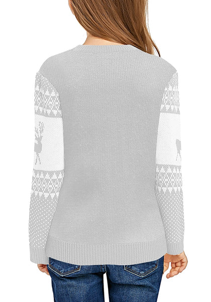 Back view of model wearing light grey crew neck reindeer girl's Christmas sweater
