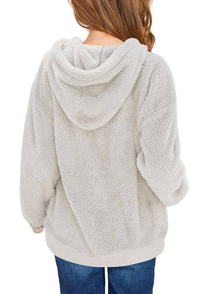 Back view of model wearing light grey fuzzy fleece hooded girl's sweater