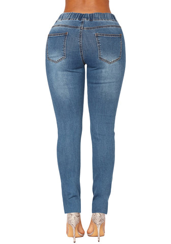 Medium Blue Drawstring-Waist Washout Ripped Skinny Jeans