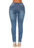 Back view of model wearing medium blue drawstring-waist washout ripped skinny jeans