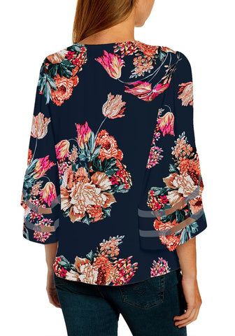 Floral Print Navy Blue Women's V Neck Shirt Printed Top 3/4 Bell Sleeve Mesh Panel Blouse