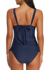 Back view of model wearing navy V-neckline scallop tie-back tankini set