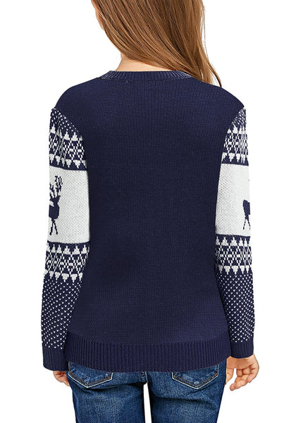Back view of model wearing navy blue crew neck reindeer girl's Christmas sweater