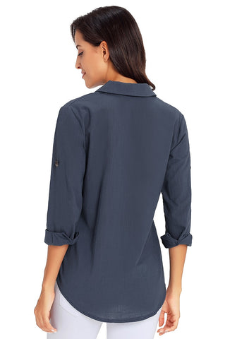 Navy Blue Long Cuffed Sleeves Lapel Button-Up Blouse