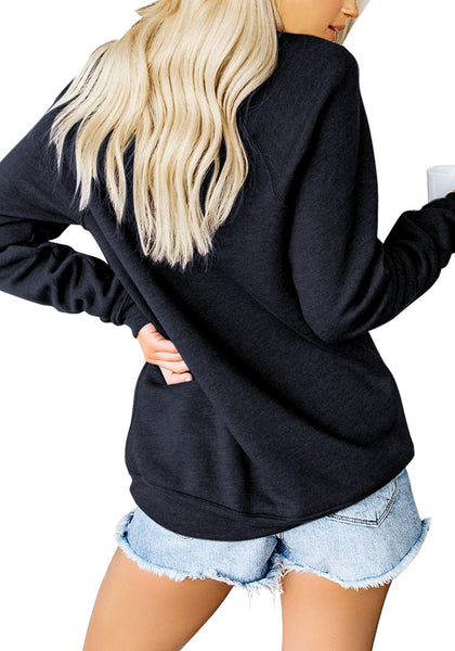Back view of model wearing navy blue statement print crewneck sweatshirt
