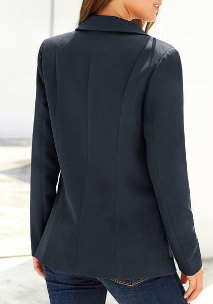 Back view of model wearing navy lapel front-button side-pockets blazer