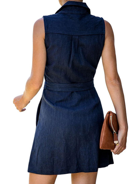 Back view of model wearing navy sleeveless lapel collar button-down belted dress