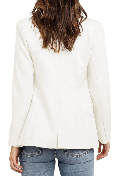 Back view of model wearing off white notch lapel double-breasted blazer