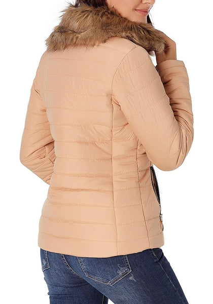Back view of model wearing peach faux fur collar zip up quilted jacket
