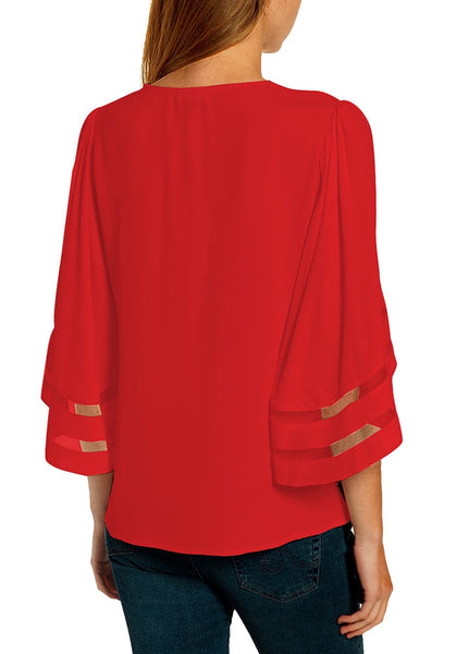 Back view of model wearing red 3/4 bell mesh panel sleeves V-neckline loose top